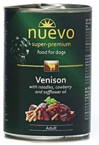 NUEVO консервы для взрослых собак с олениной, лапшой, брусникой и сафлоровым маслом.